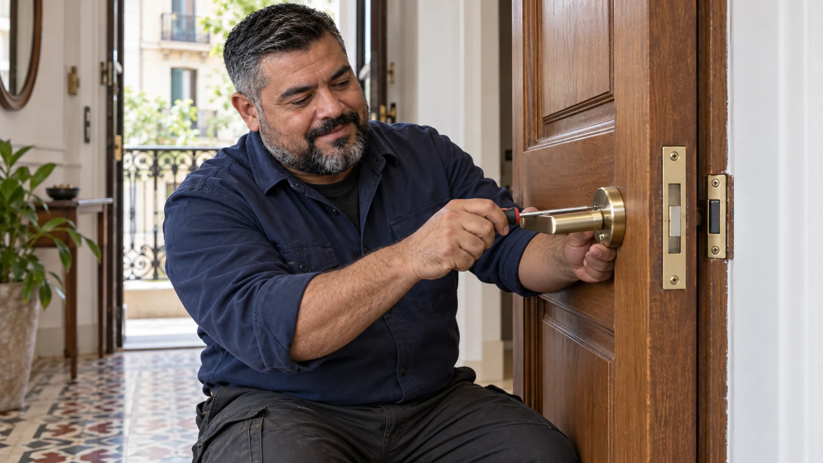 Imagen ilustrativa de un cerrajero trabajando en una puerta