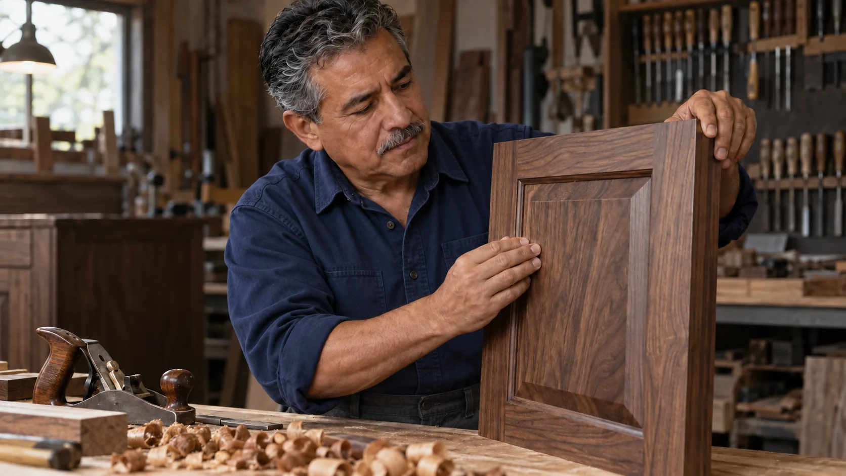 Imagen ilustrativa de un ebanista trabajando una puerta de madera